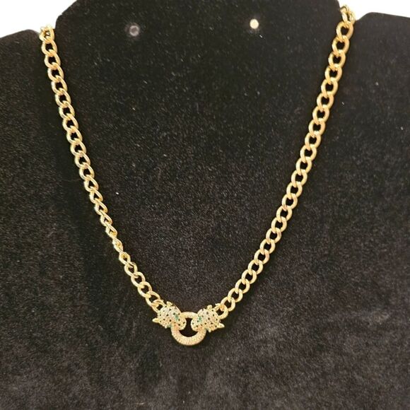 18k Gold Filled Classic Leopard Green Eye Black Cubic Zirconia Necklace - Picture 5 of 13